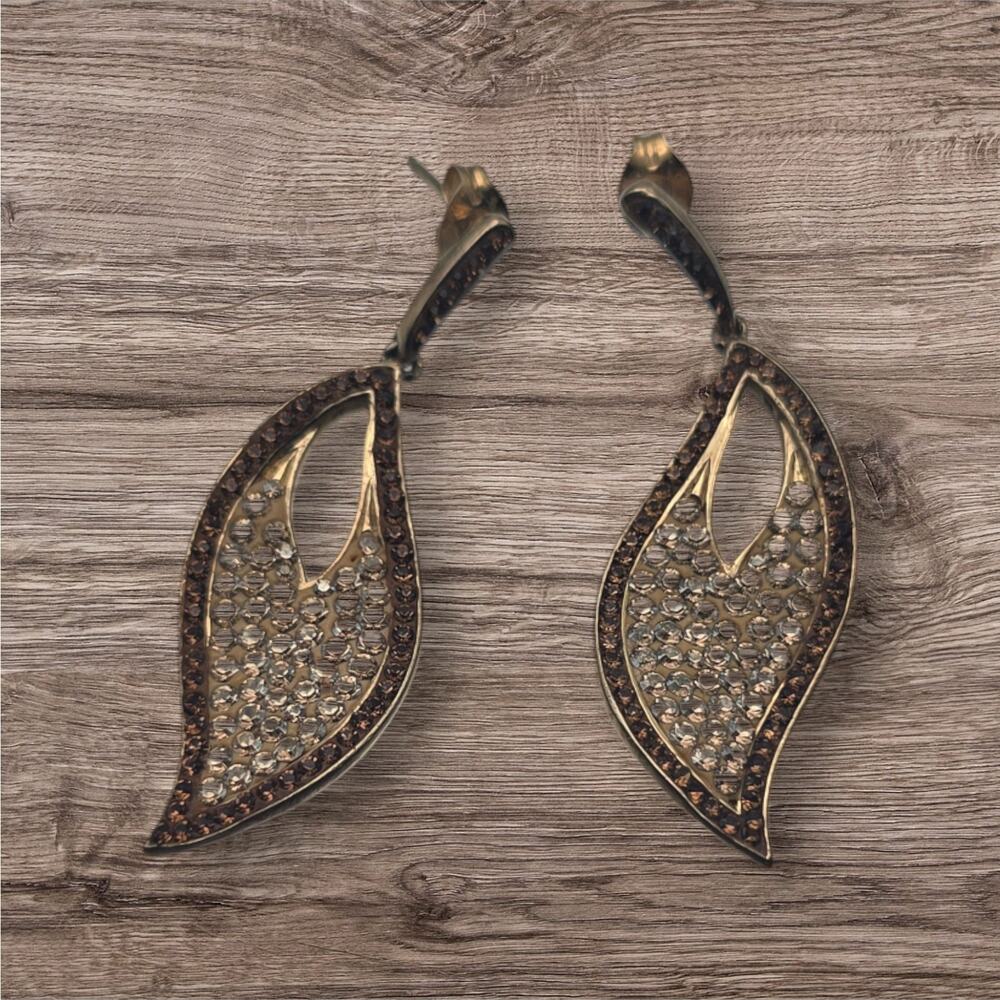 Champagne & Brown Rhinestone Leaf Drop Dangle 925 Earrings - Modern Elegance